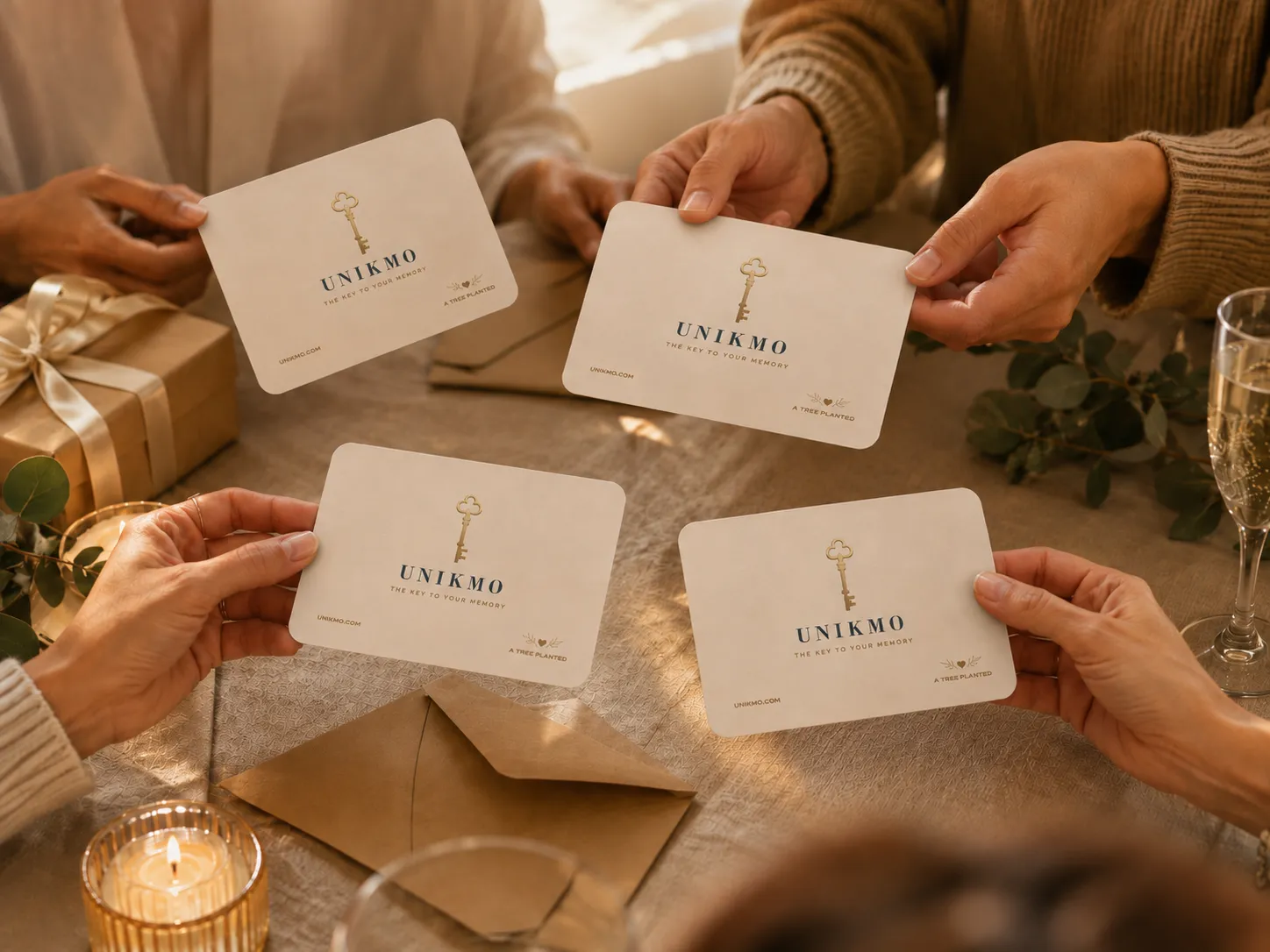 Four people holding matching UNIKMO keepsake cards