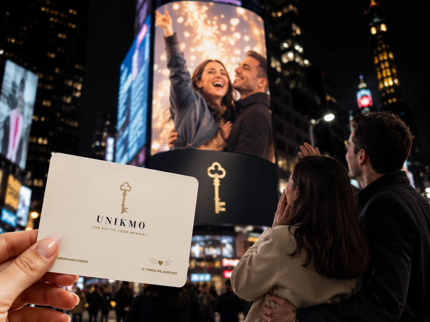 A UNIKMO card held up in front of a Times Square billboard